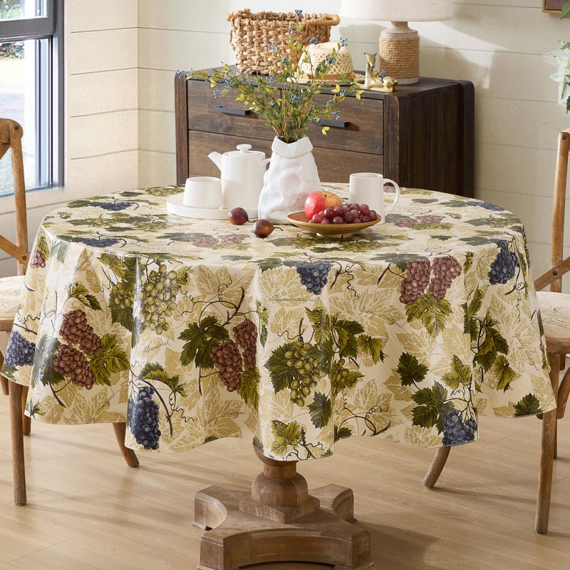 Newbridge 70 Inch Round Vinyl Tablecloth with Flannel Backing, Grapevine Print, Grape Theme Indoor Outdoor Waterproof Table Cover, Picnic, Barbeque, Patio and Kitchen Dining - Image 1