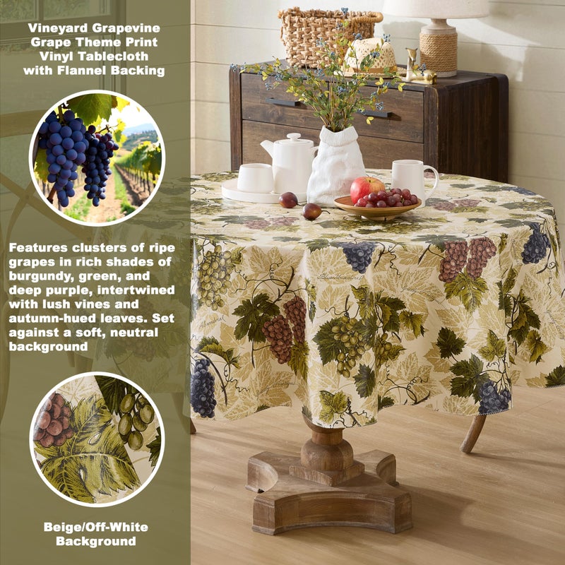 Newbridge 70 Inch Round Vinyl Tablecloth with Flannel Backing, Grapevine Print, Grape Theme Indoor Outdoor Waterproof Table Cover, Picnic, Barbeque, Patio and Kitchen Dining - Image 2