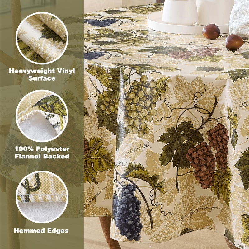 Newbridge 70 Inch Round Vinyl Tablecloth with Flannel Backing, Grapevine Print, Grape Theme Indoor Outdoor Waterproof Table Cover, Picnic, Barbeque, Patio and Kitchen Dining - Image 4