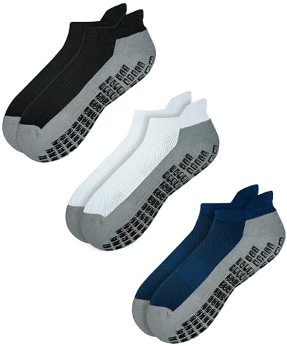 RATIVE Super Grips Anti Slip Non Skid Yoga Hospital Socks for Adults Men Women (Large, 3-Pairs/Black+White+Navy) - Image 1