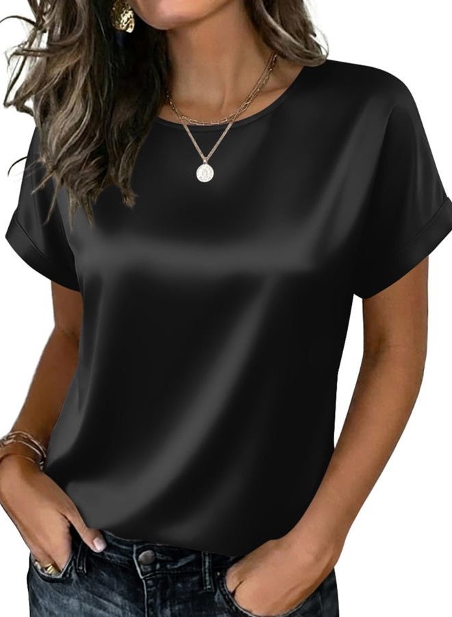 zeagoo Satin Silk Blouses Short Sleeve Crewneck Top for Women Dressy Casual, Black, M - Image 1