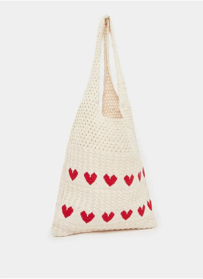 Styli Crochet Heart Embroidered Beach Bag