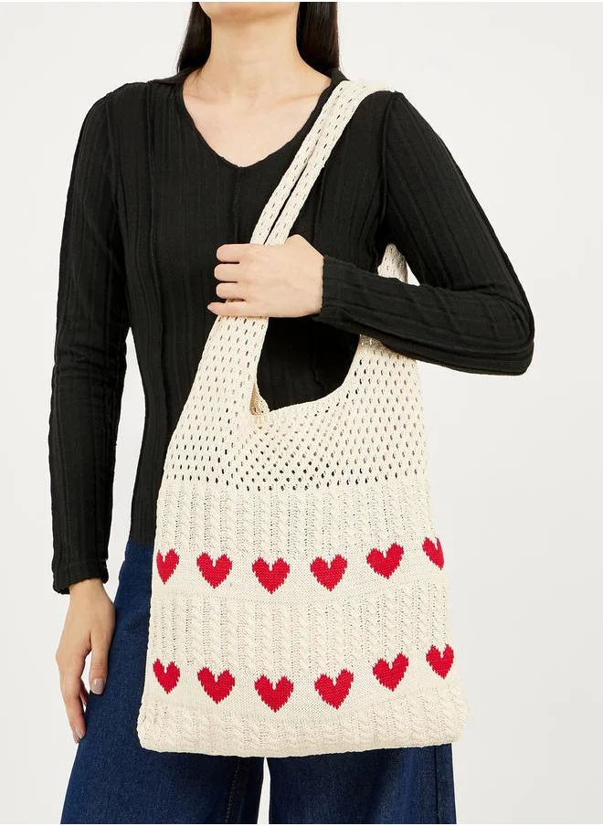 Styli Crochet Heart Embroidered Beach Bag