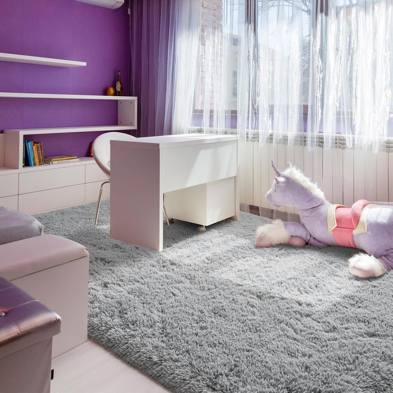 Andecor سجاد غرفة النوم الناعم والف fluffy، 8 × 10 قدم سجادة داخلية شاجي فخمة للأطفال الأولاد والبنات والرضع وسكن الكلية وغرفة المعيشة وديكور المنزل سجادة الأرضية، رمادي - Image 3