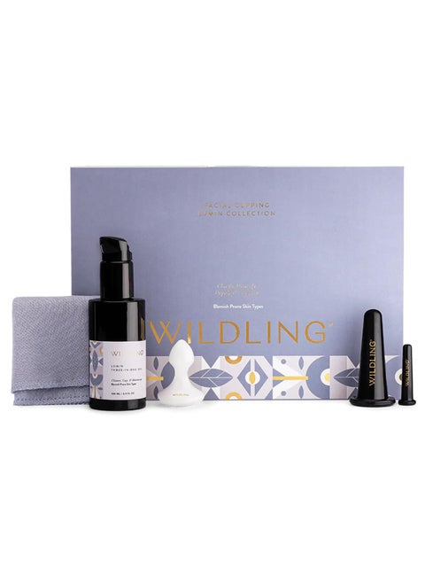 WILDLING Lumin Collection | Complete Facial Cupping Set | Clarify + Detoxify + De-Puff, + Brighten | Cupping Tool Set | White Jade Mushroom Guasha | Sea Buckthorn Brightening Oil | Cloud Cloth