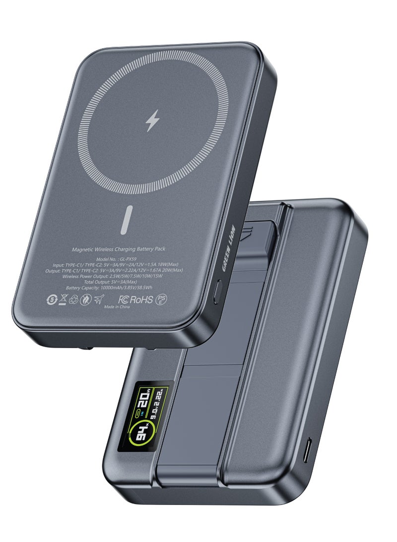 GREEN LION ASTRO 10000mAh 3-in-1 MagSafe Power Bank / 20W PD, Wireless Charging / Dual USB-C / Digital Display / Built-in Kickstand - Grey - Image 1