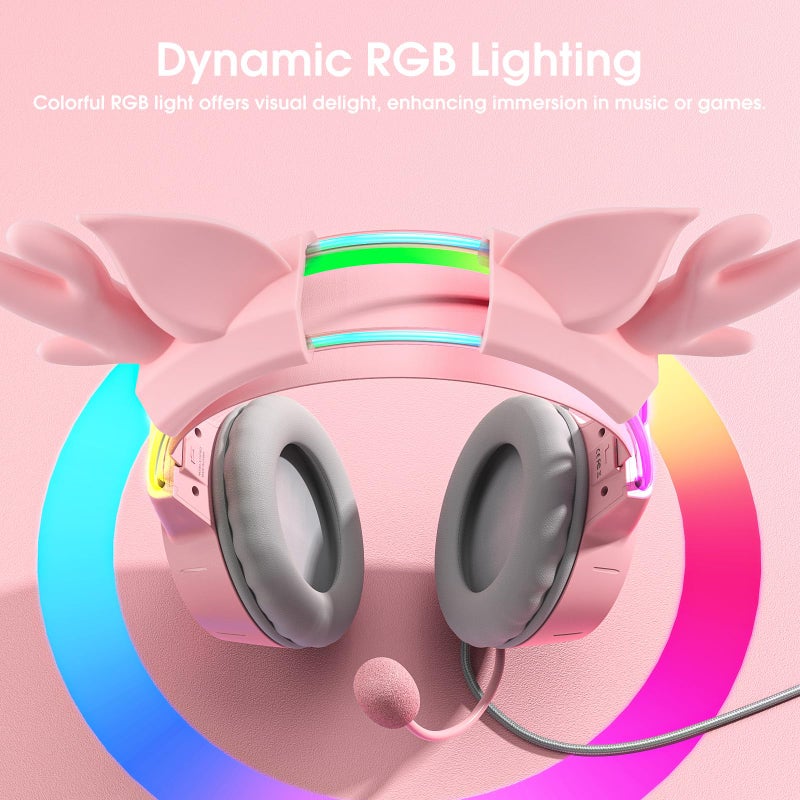 ONITOON Lightweight Gaming Headset with Detachable Deer Ears, RGB Lighting, Wired Over Ear Headphones with Mic for PC, PS4, PS5, Xbox, Switch, Stereo Surround Sound, Self-Adjusting Headband - Image 2