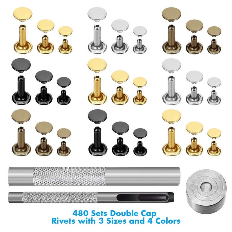 Paxcoo 480 Sets 3 Sizes Leather Rivets Double Cap Rivet Tubular Metal Studs with 3 Pieces Setting Tool Kit for Leather Craft Repairs Decoration, 4 Colors - Image 2