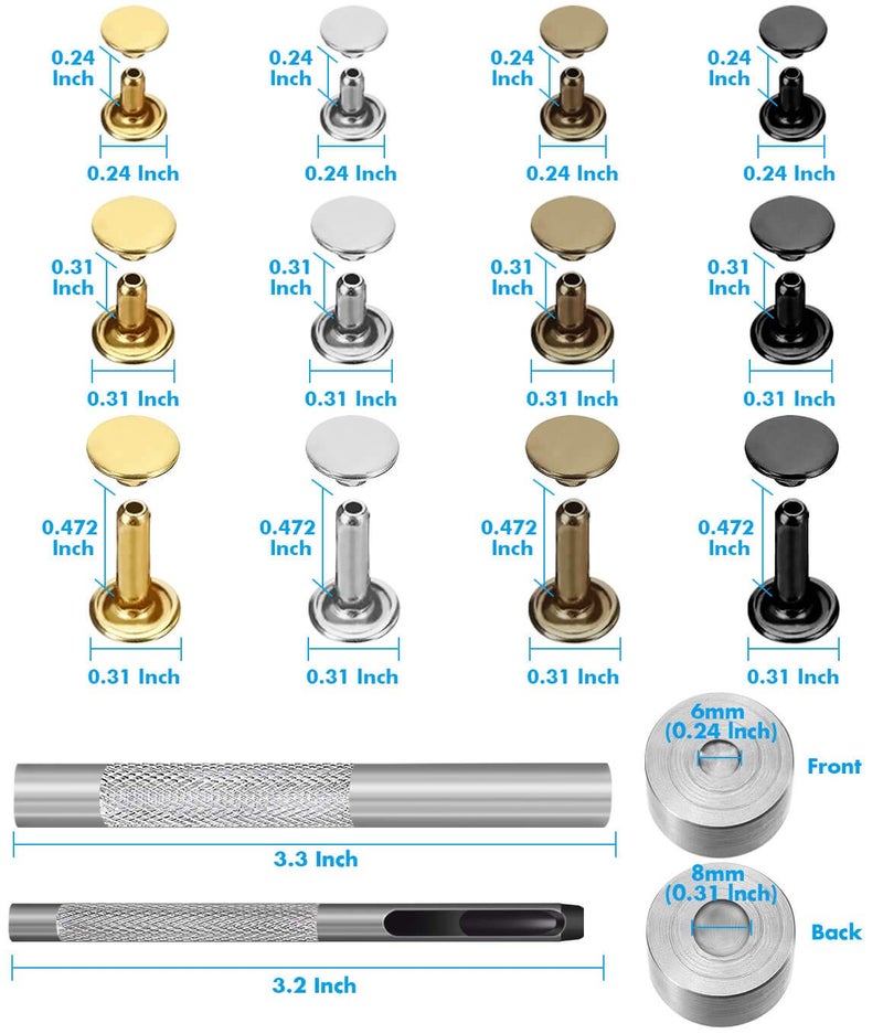 Paxcoo 480 Sets 3 Sizes Leather Rivets Double Cap Rivet Tubular Metal Studs with 3 Pieces Setting Tool Kit for Leather Craft Repairs Decoration, 4 Colors - Image 4