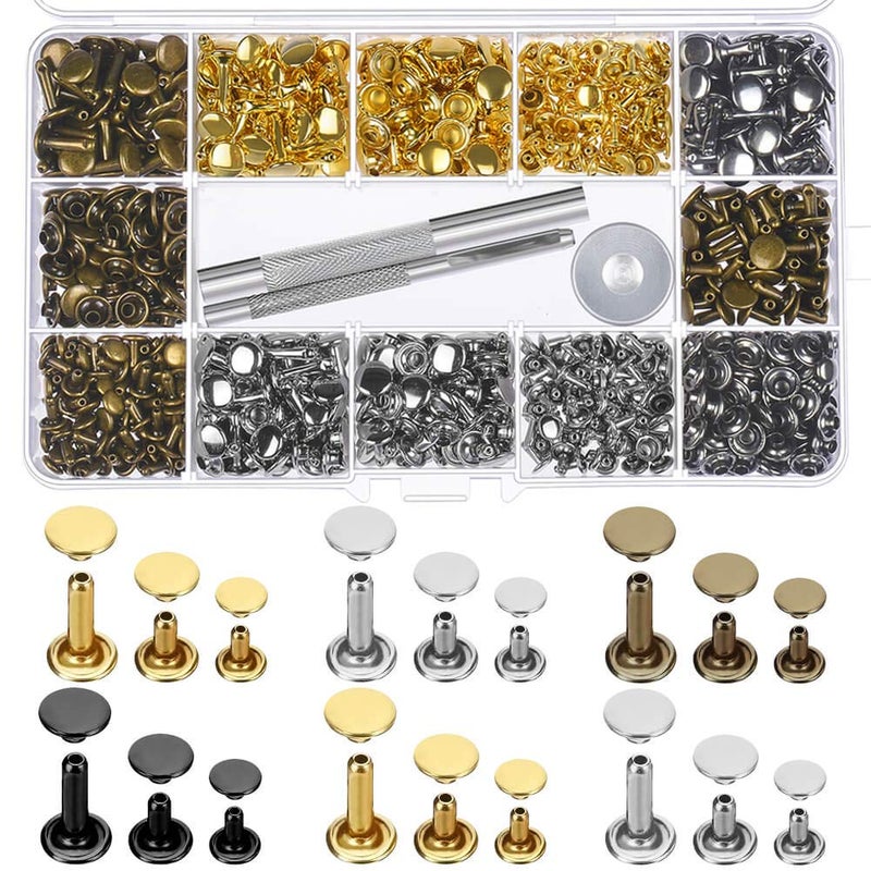Paxcoo 480 Sets 3 Sizes Leather Rivets Double Cap Rivet Tubular Metal Studs with 3 Pieces Setting Tool Kit for Leather Craft Repairs Decoration, 4 Colors - Image 1