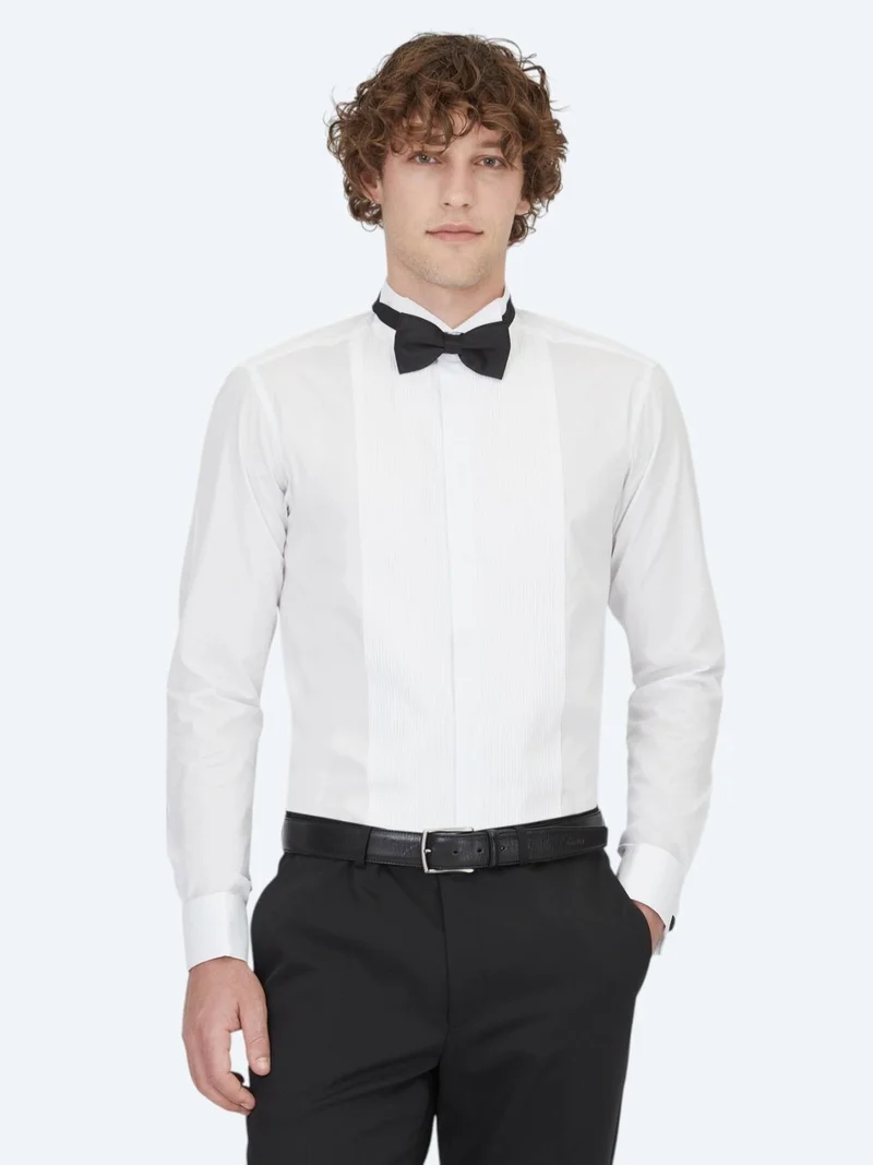 Kip White Plain Slim Fit Double Cuff Tuxedo Shirts