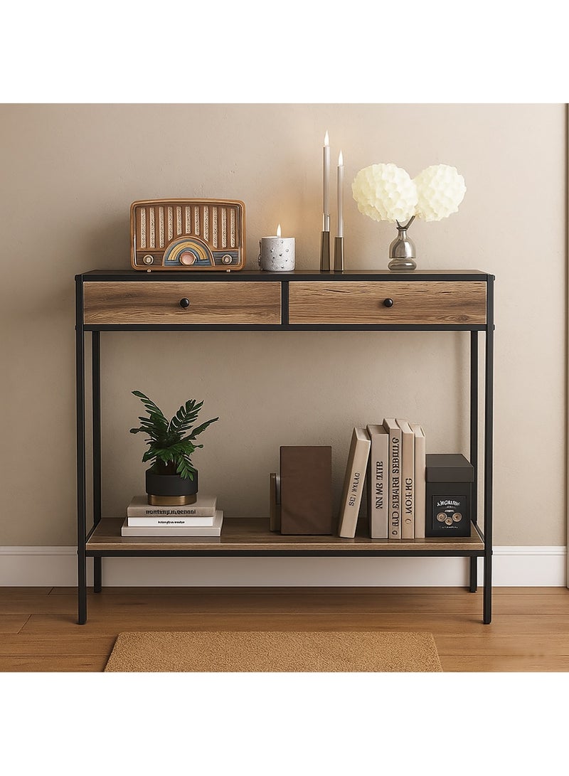 AGD Coffee Table 2 Tier Console Table Sofa  Corner with Storage Shelf and 2 Drawers Entryway Table for Couch Hallway Entrance Living Room 100*33*90cm - Image 1