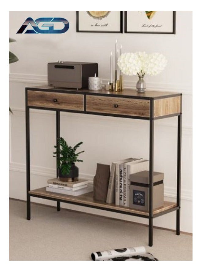 AGD Coffee Table 2 Tier Console Table Sofa  Corner with Storage Shelf and 2 Drawers Entryway Table for Couch Hallway Entrance Living Room 100*33*90cm - Image 3