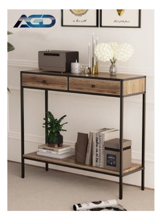AGD Coffee Table 2 Tier Console Table Sofa  Corner with Storage Shelf and 2 Drawers Entryway Table for Couch Hallway Entrance Living Room 100*33*90cm  - Image 1