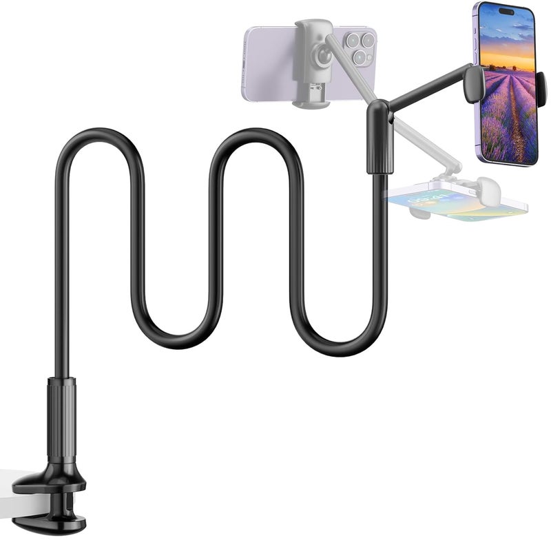SAIJI Gooseneck Phone Holder for Bed, 360° Rotate Support Rod One-Hand Adjustable Cell Phone Holder, Flexible Long Arm Headboard Clip Clamp Cell Phone Stand, Compatible with All 4.7-7" Devices(Black) - Image 1