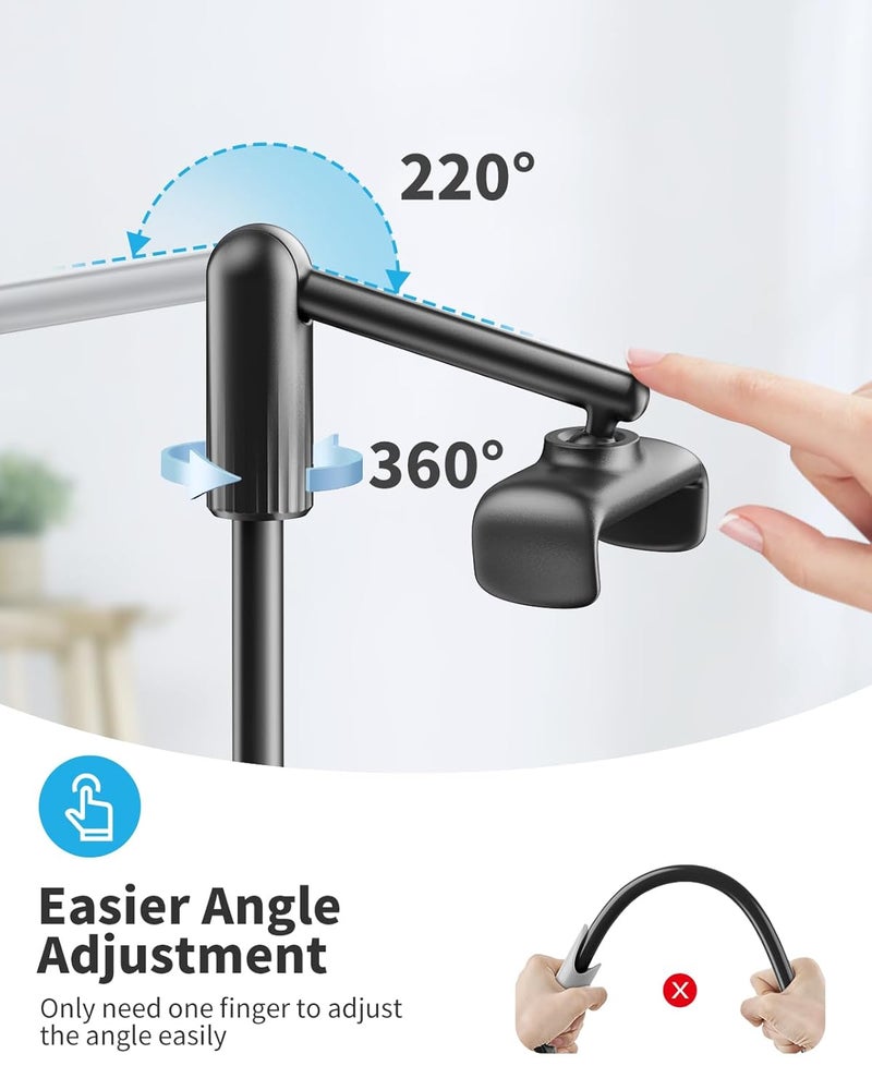 SAIJI Gooseneck Phone Holder for Bed, 360° Rotate Support Rod One-Hand Adjustable Cell Phone Holder, Flexible Long Arm Headboard Clip Clamp Cell Phone Stand, Compatible with All 4.7-7" Devices(Black) - Image 2