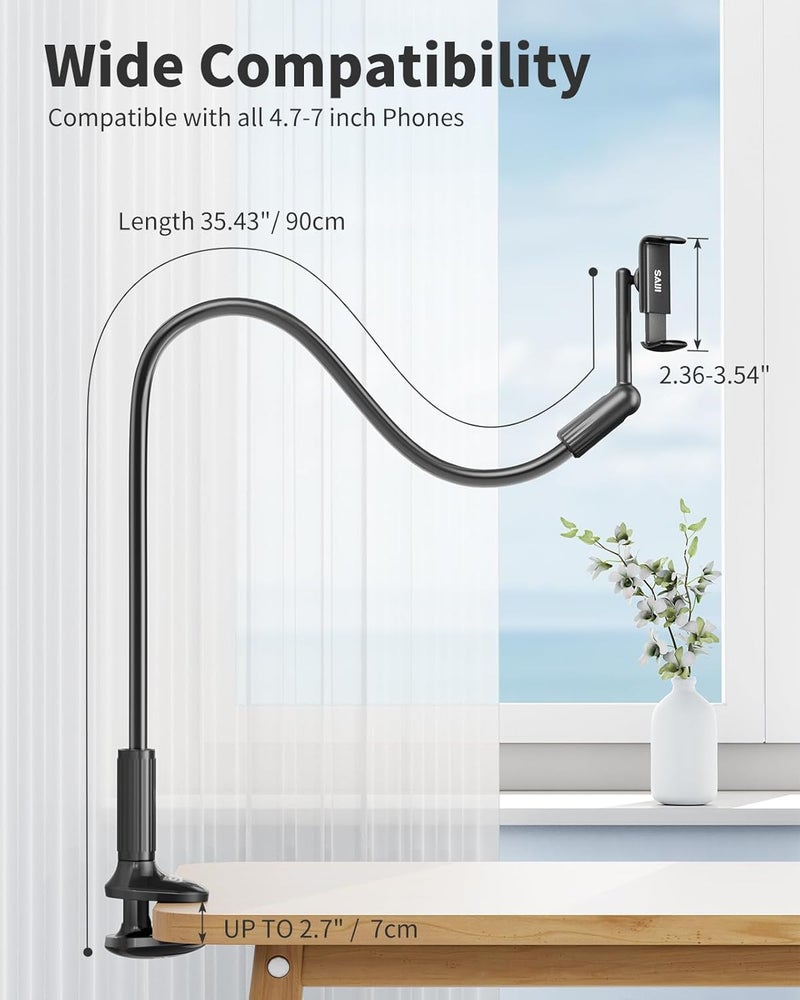 SAIJI Gooseneck Phone Holder for Bed, 360° Rotate Support Rod One-Hand Adjustable Cell Phone Holder, Flexible Long Arm Headboard Clip Clamp Cell Phone Stand, Compatible with All 4.7-7" Devices(Black) - Image 5