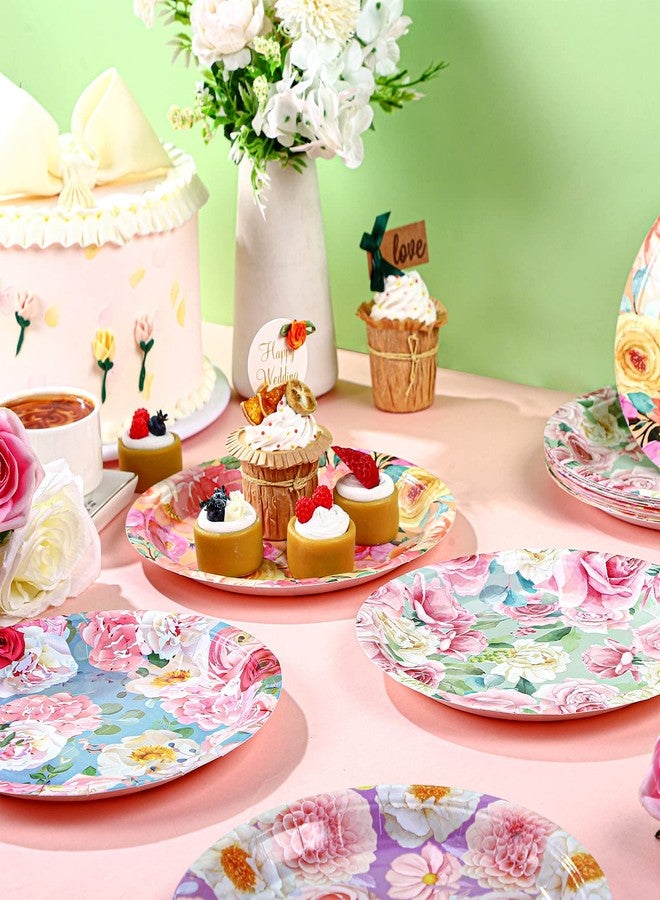Jinei 60 Pcs Floral Paper Plates Disposable 9 Inch Pink Flower Tea Party Dessert Plates Spring Garden Floral Party Supply Decorations for Wedding Anniversary Bridal Shower Birthday Baby Shower - Image 5