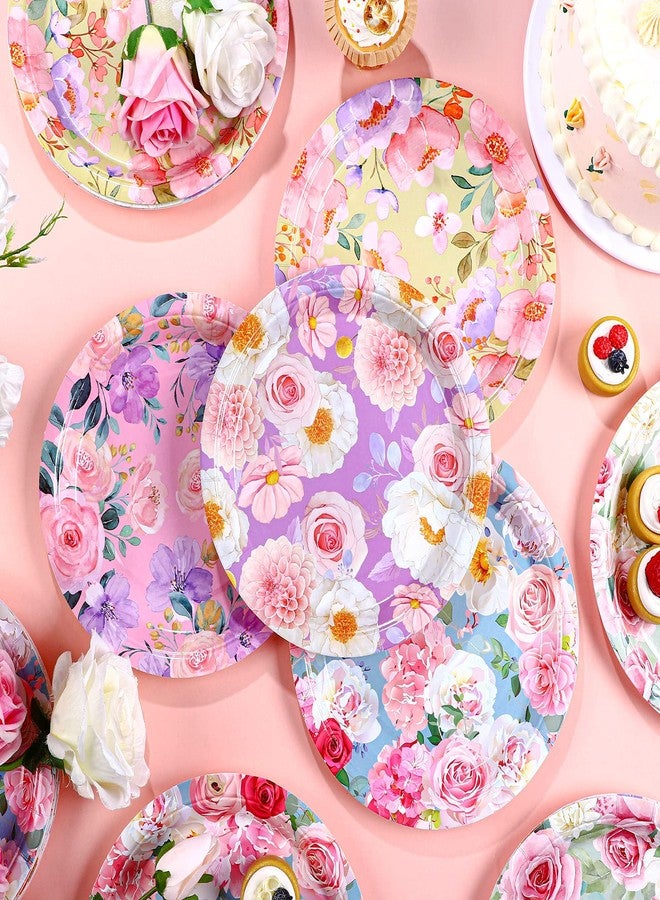Jinei 60 Pcs Floral Paper Plates Disposable 9 Inch Pink Flower Tea Party Dessert Plates Spring Garden Floral Party Supply Decorations for Wedding Anniversary Bridal Shower Birthday Baby Shower - Image 4