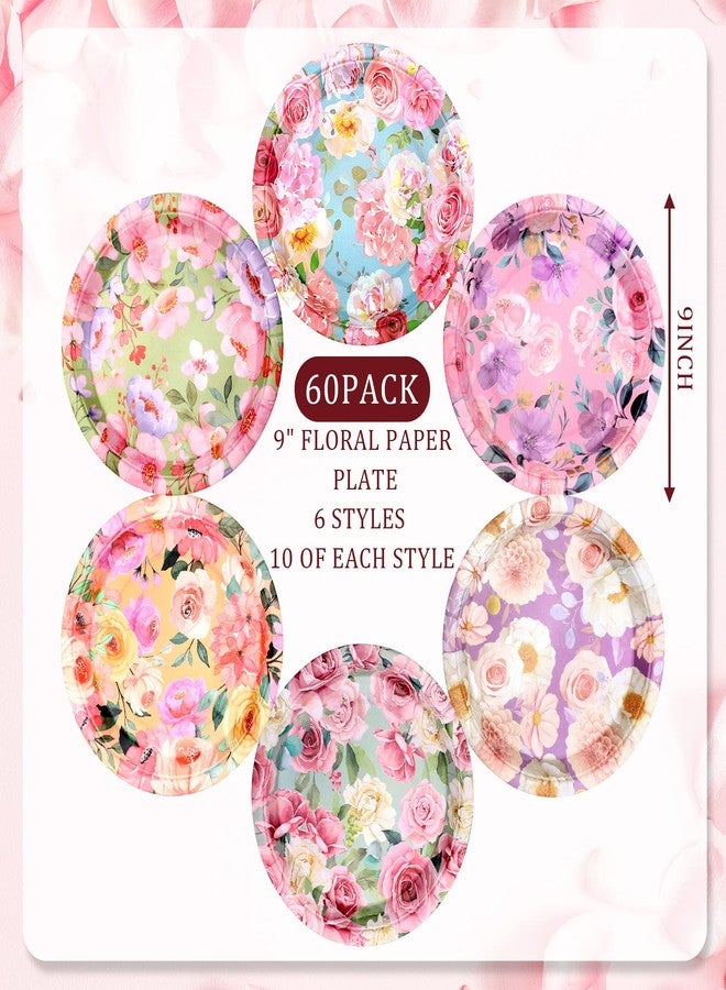 Jinei 60 Pcs Floral Paper Plates Disposable 9 Inch Pink Flower Tea Party Dessert Plates Spring Garden Floral Party Supply Decorations for Wedding Anniversary Bridal Shower Birthday Baby Shower - Image 2