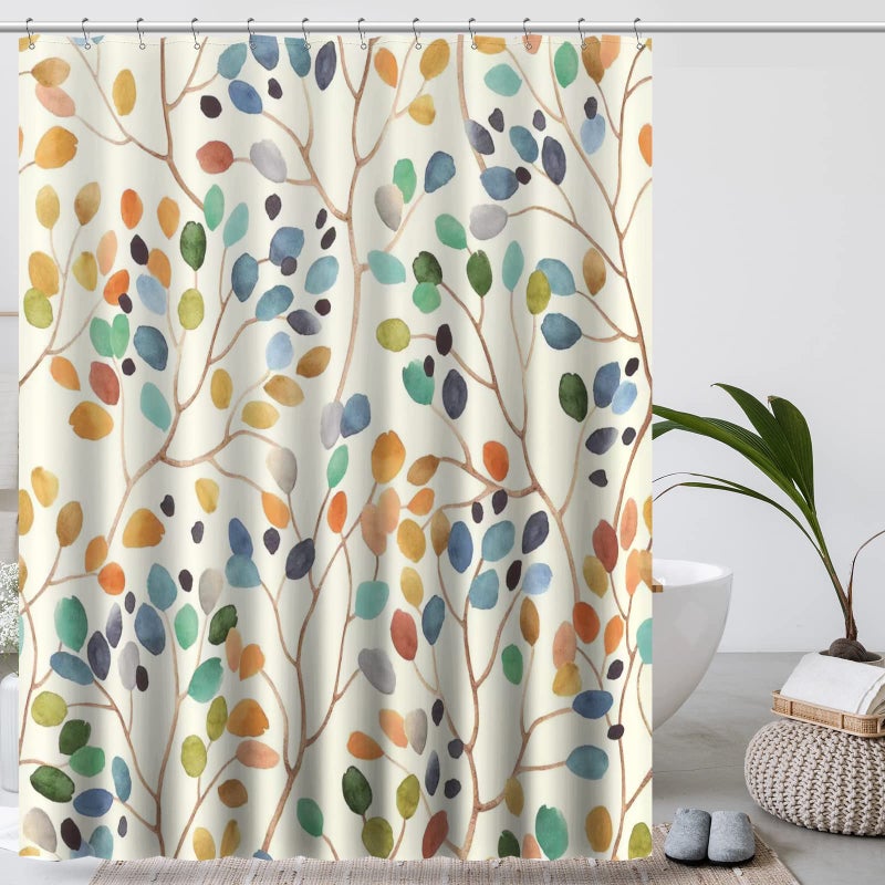 Amaredom Floral Shower Curtain for Bathroom, Colorful Leaves Curtain Bathroom Decoration, Shower Curtain Set with Curtain Hooks - Image 1