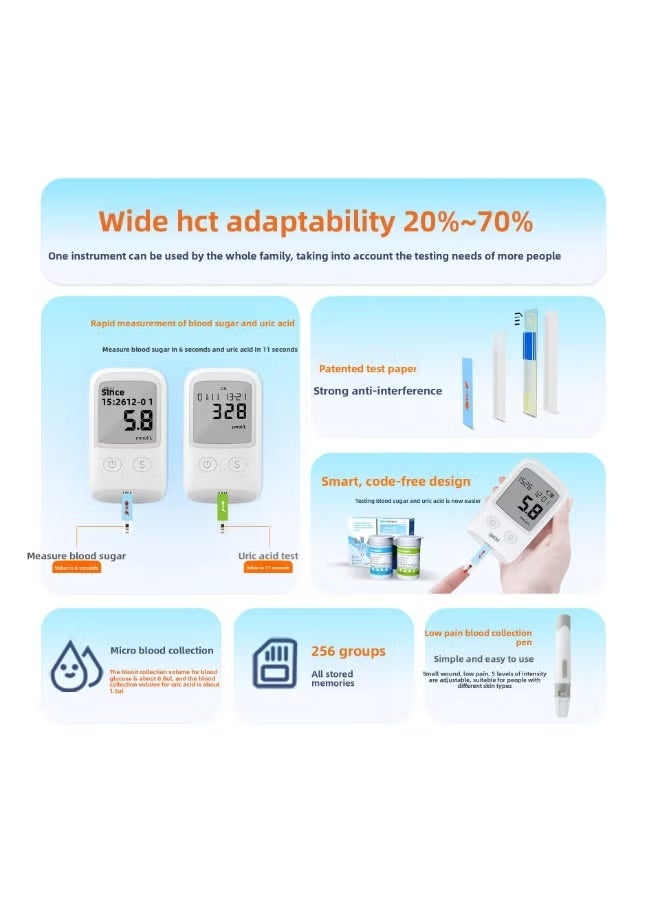 حمض اليوريك والدم الجلوكوز 2-في-1 متر مجموعة / الوحدة الرئيسية + 25 شريط اختبار حمض اليوريك + 25 شريط اختبار الجلوكوز + 50 إبر لانسيت الدم - Image 2