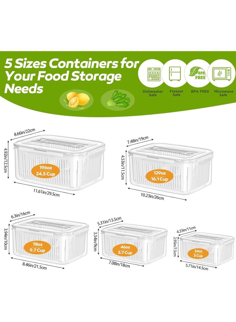 هابي هوم علب لتخزين الطعام للثلاجة من البلاستيك حافظة للمواد الغذائية قابلة للتكديس مكونة 5 قطع لتنظيم الثلاجة مع سلال تصريف للفواكه والخضروات وسلطة الفواكه - Image 3