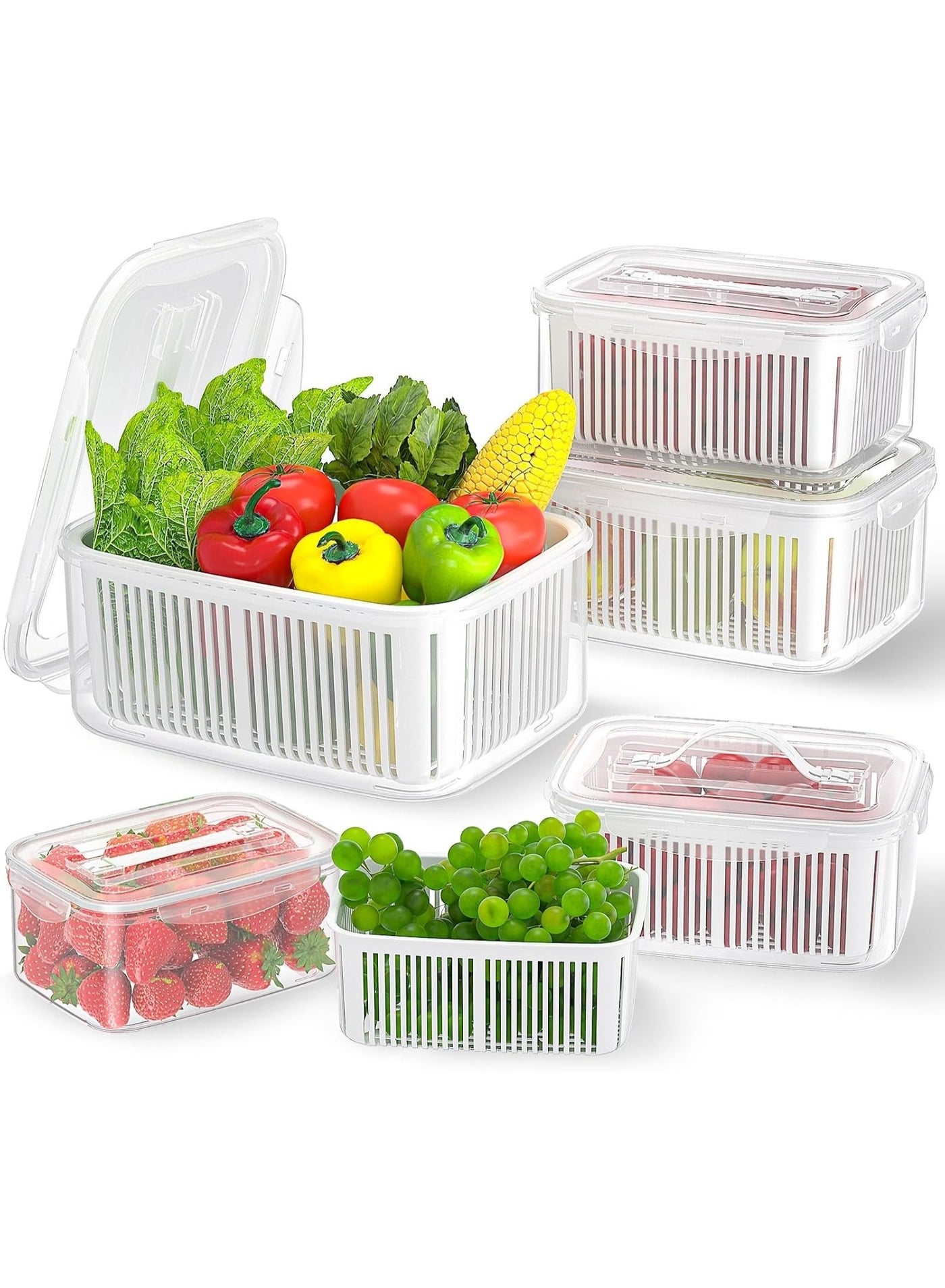 Plastic Refrigerator Food Storage Containers 5-Piece Stackable Food Container Fridge Organizer with Draining Baskets for Fruits, Vegetables, and Fruit Salad