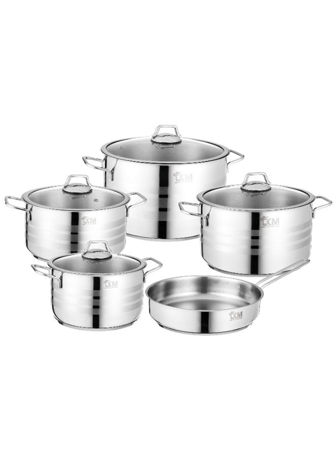 TKM Turkish Stainless Steel Cookware Set 18/10 with Premium Glass Lids – 9 Pieces Includes: 20 cm Pot, 22 cm Pot, 24 cm Pot, 26 cm Pot, and 24 cm Frying Pan - Image 1