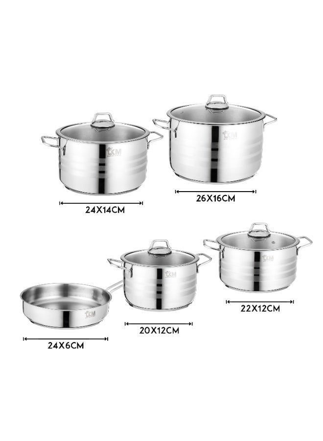 TKM Turkish Stainless Steel Cookware Set 18/10 with Premium Glass Lids – 9 Pieces Includes: 20 cm Pot, 22 cm Pot, 24 cm Pot, 26 cm Pot, and 24 cm Frying Pan - Image 2