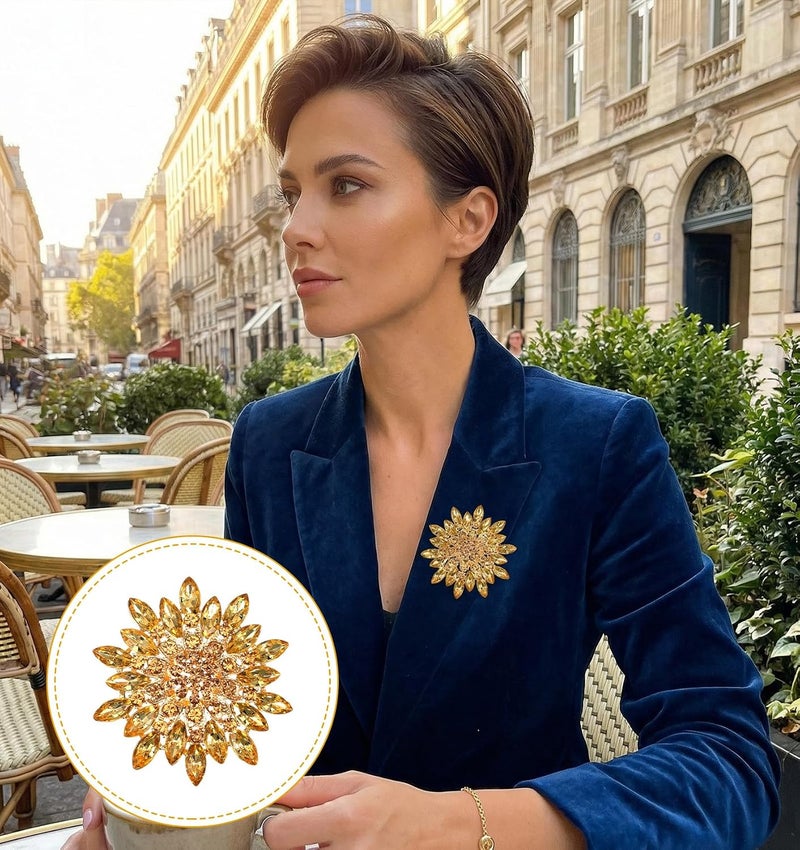 Thrymme Elegant Sunflower Brooch Pin for Women with Rhinestones - Gold Brooch for Dress, Coat, Hat, Scarf Decoration - Image 4