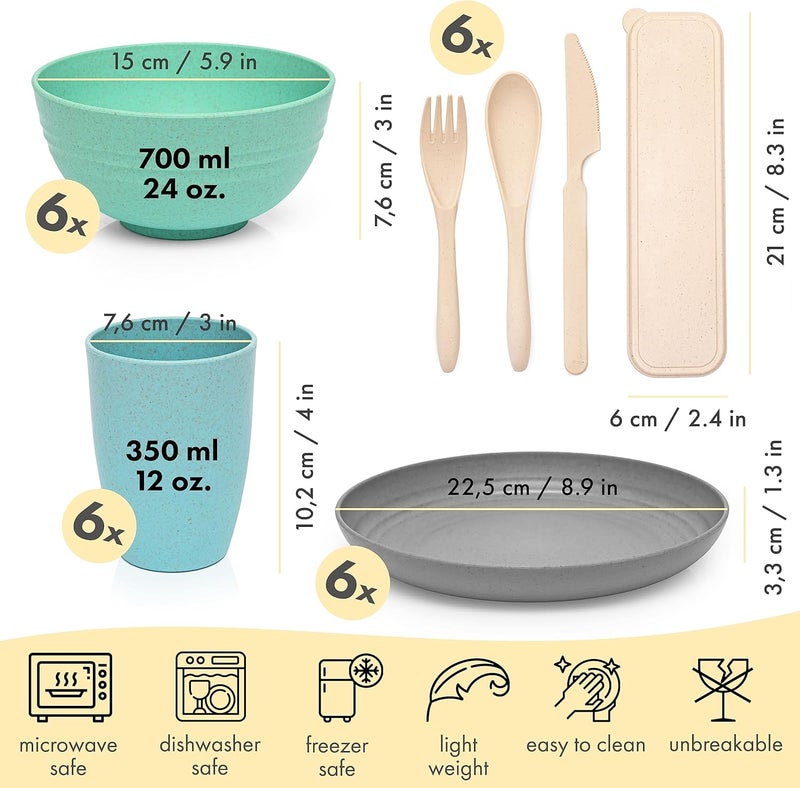 FOODLE Wheat Straw Dinnerware Set  BPA Free  Safety Certified  Microwave  Dishwasher Safe  Perfect for Picnic Dorm Camper RV Dishes  Camping Plates Cups and Bowls Set  Great for Kids  For 6 - Image 2