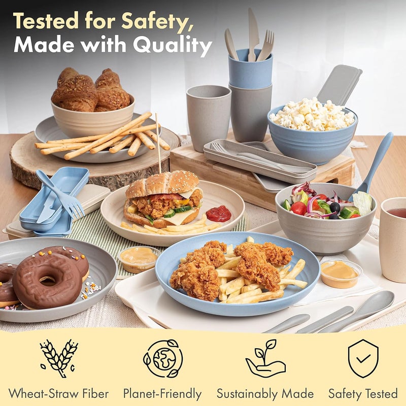 FOODLE Wheat Straw Dinnerware Set  BPA Free  Safety Certified  Microwave  Dishwasher Safe  Perfect for Picnic Dorm Camper RV Dishes  Camping Plates Cups and Bowls Set  Great for Kids  For 6 - Image 3
