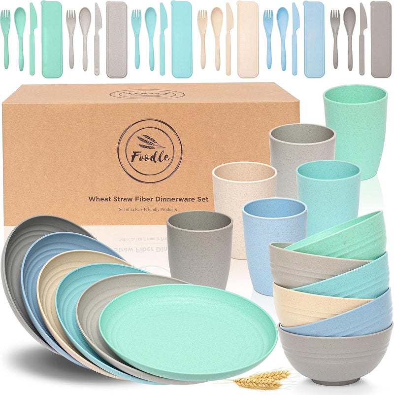 FOODLE Wheat Straw Dinnerware Set  BPA Free  Safety Certified  Microwave  Dishwasher Safe  Perfect for Picnic Dorm Camper RV Dishes  Camping Plates Cups and Bowls Set  Great for Kids  For 6 - Image 1