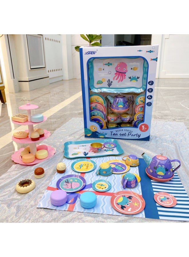 Children's Tea Set Afternoon Tea Dessert Play House Tinplate Toy Baby Simulation Kitchen Teapot Gift Box-Color:Pony Tea Set Boxed + Hamburg 16 Piece Set - Image 5