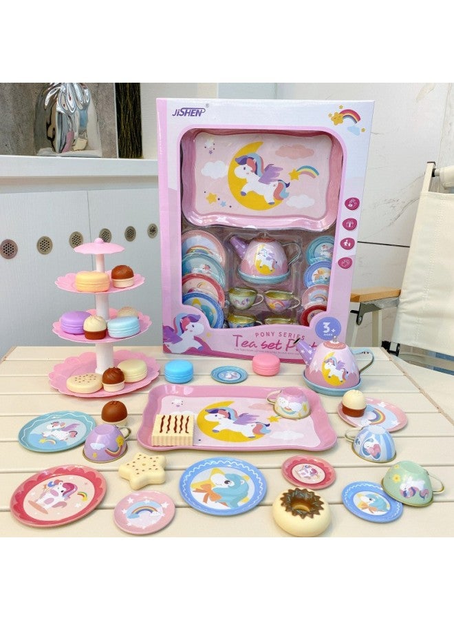 Children's Tea Set Afternoon Tea Dessert Play House Tinplate Toy Baby Simulation Kitchen Teapot Gift Box-Color:Pony Tea Set Boxed + Hamburg 16 Piece Set - Image 3