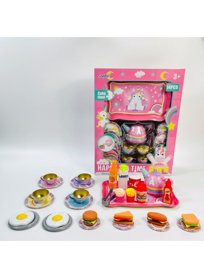 Children's Tea Set Afternoon Tea Dessert Play House Tinplate Toy Baby Simulation Kitchen Teapot Gift Box-Color:Pony Tea Set Boxed + Hamburg 16 Piece Set - Image 1