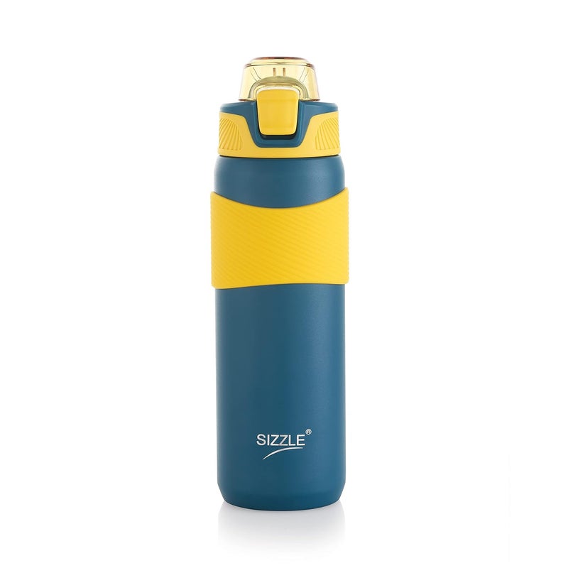 Sizzle Crest Vacuum Insulated Flask Double Wall Hot Cold Water Bottle with Silicone Grip Press Button Mechanism for One Hand Use 600 ML Sipper Bottle for Kids Adults Green 1 Pc