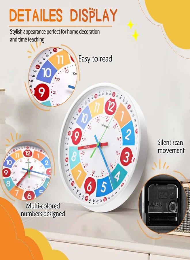 Oxmidud Kids Learning Clock,10'' Silent Non-Ticking Teaching Educational Telling Time Colorful Wall Clocks for Children Bedroom Classroom Home Decor, Gifts for Christmas Birthday (White) - Image 3