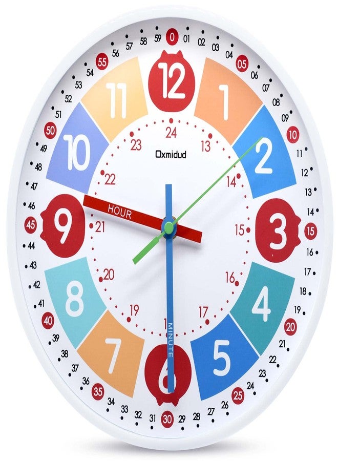 Oxmidud Kids Learning Clock,10'' Silent Non-Ticking Teaching Educational Telling Time Colorful Wall Clocks for Children Bedroom Classroom Home Decor, Gifts for Christmas Birthday (White) - Image 1