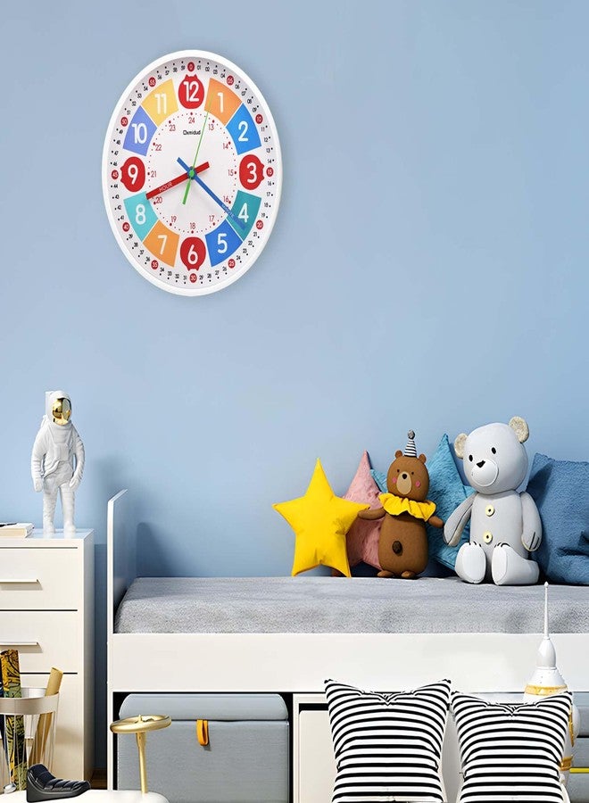 Oxmidud Kids Learning Clock,10'' Silent Non-Ticking Teaching Educational Telling Time Colorful Wall Clocks for Children Bedroom Classroom Home Decor, Gifts for Christmas Birthday (White) - Image 4