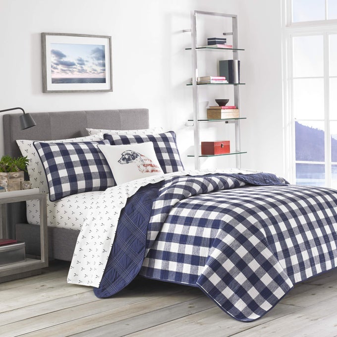 KING QUILT SET COTTON REVERSIBLE BEDDING WITH MATCHING SHAMS HOME DECOR FOR ALL SEASONS LAKEHOUSE PLAID BLUE KING