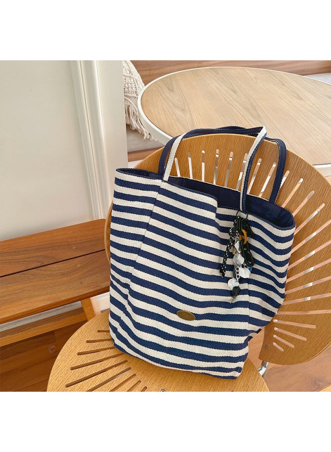 2024 Arrival Striped Canvas Bag Korean Style Ins Tote Casual Large Capacity Dual-purpose Shoulder Bag-Color:Faith Navy Striped Front And Back Double Sided Backpack  - Image 1