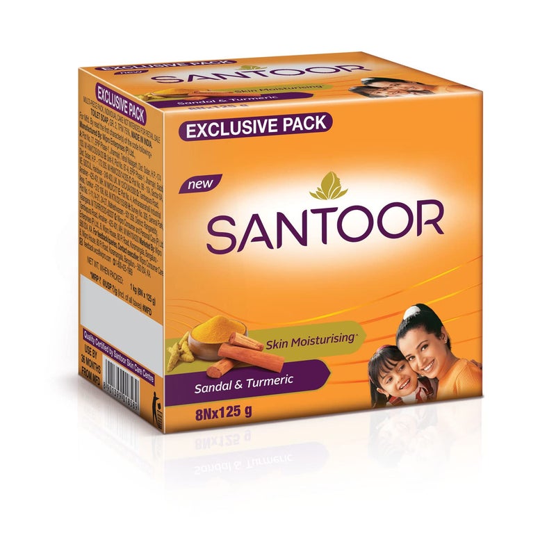 Santoor صابون الاستحمام سانتور المرطب للبشرة بخلاصة خشب الصندل والكركم مع خصائص مغذية ومضادة للشيخوخة لبشرة ناعمة وسلسة وشابة لجميع أنواع البشرة عبوة من 8 قطع 125 جرام - Image 1