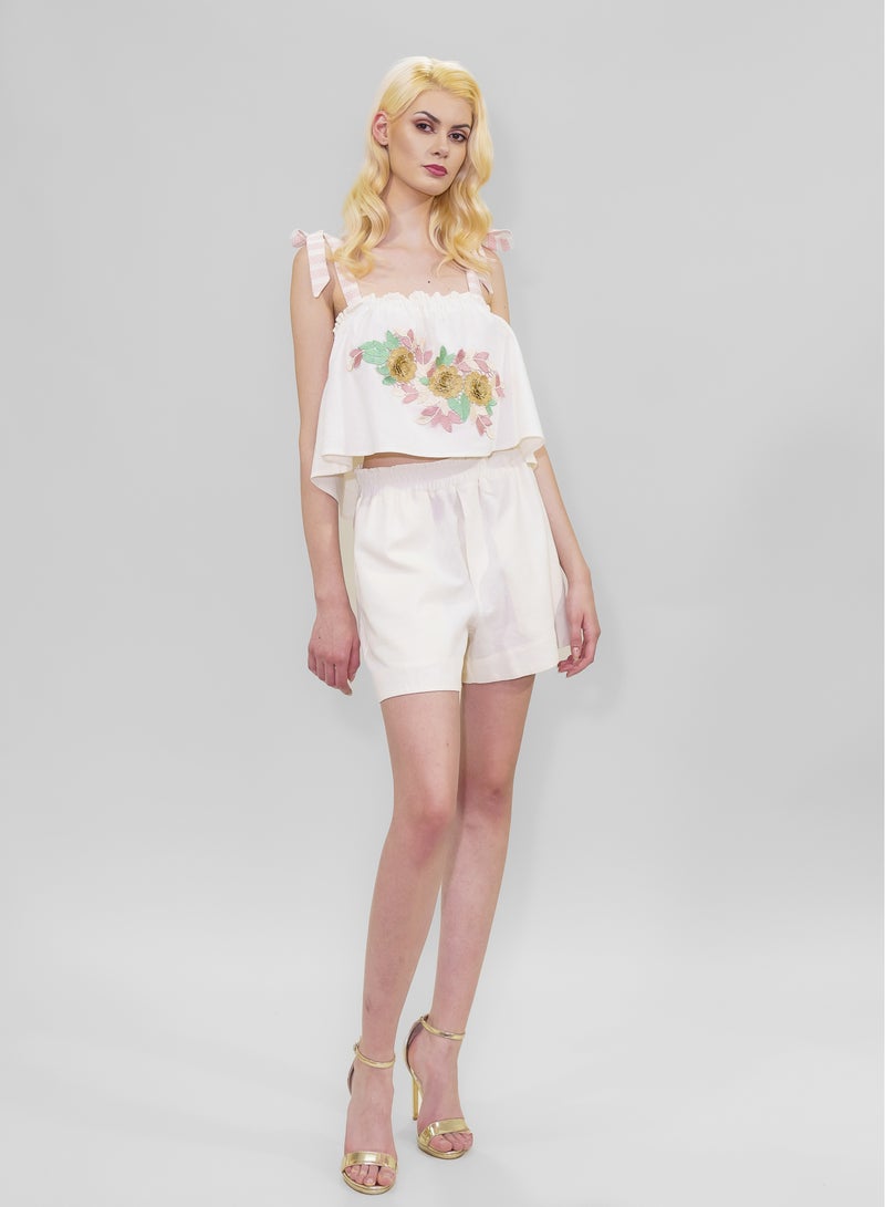 BITOLIA GALLERY Ivory Linen Top and Shorts Set  - Image 1