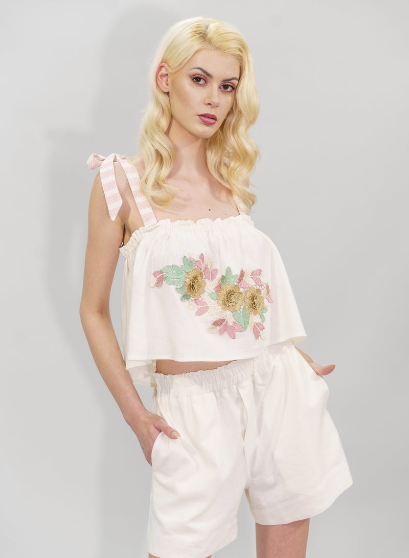 BITOLIA GALLERY Ivory Linen Top and Shorts Set  - Image 5