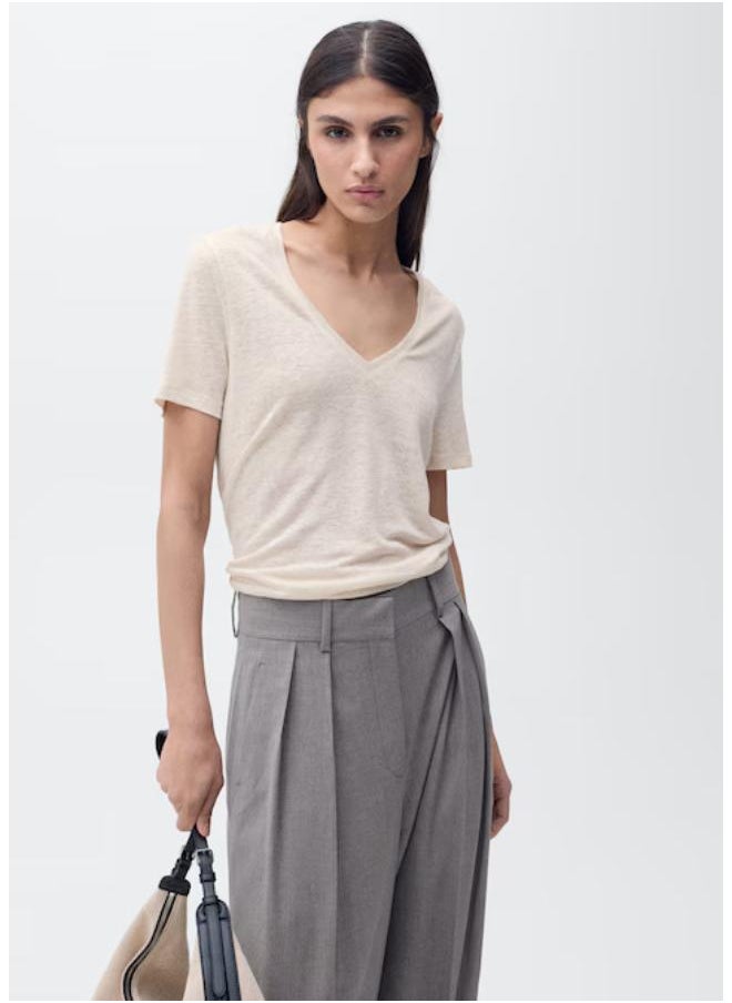 MANGO Casual V Neck Linen T-Shirt  - Image 1