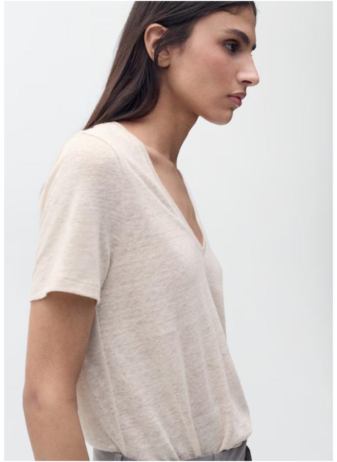 MANGO Casual V Neck Linen T-Shirt  - Image 3