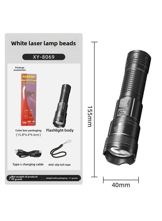 Super Light Rechargeable Flashlight Outdoor Patrol Spotlight Zoom Aurora Cannon Large Floodlight Laser Cannon-Product Specifications:Digital Display + Zoom 1200 + Output + White Laser  - Image 1