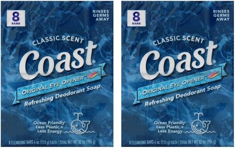 Coast Refreshing Deodorant Soap Bar  8 Bars  Thick Rich Lather Leaves Your Body Feeling Energized And Clean  Classic Pacific Force Scent Pack of 2